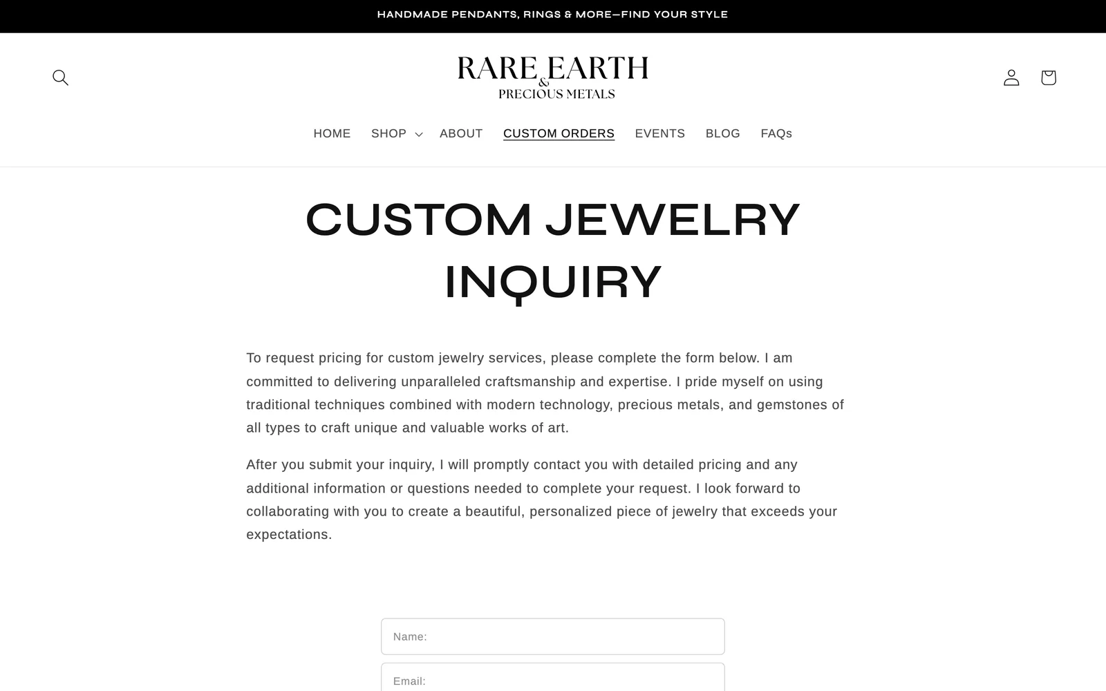 Custom jewelry inquiry page