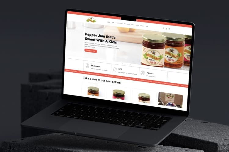 A Pepper Jam and Seasoning Blends seller's website UI/UX elements on a macbook.