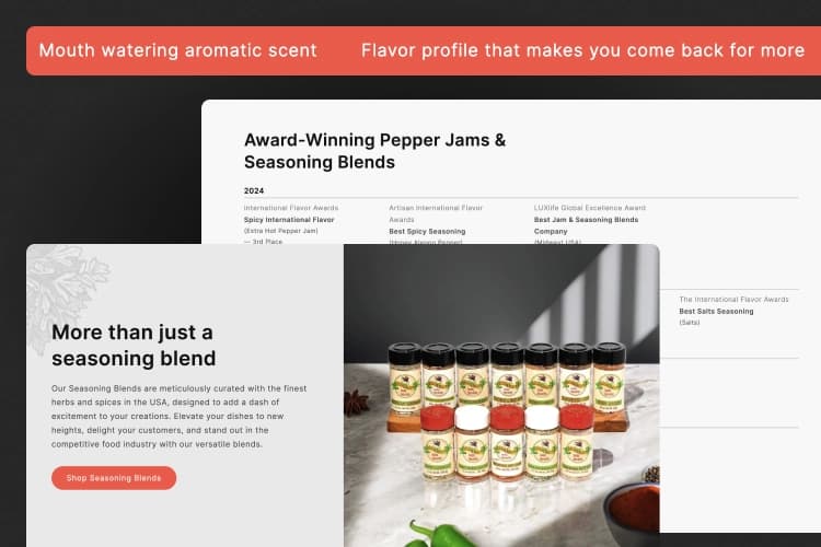 A Pepper Jam and Seasoning Blends online ecommerce website's UI/UX elements.