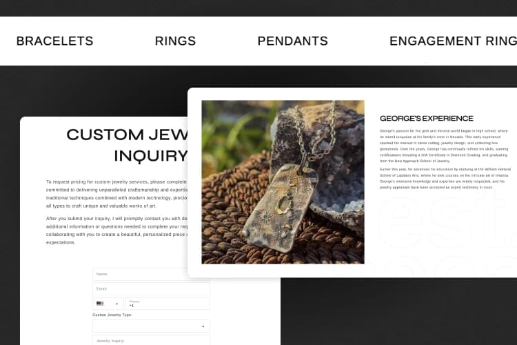 A jewelers online ecommerce website's UI/UX elements stacked on top of each other.