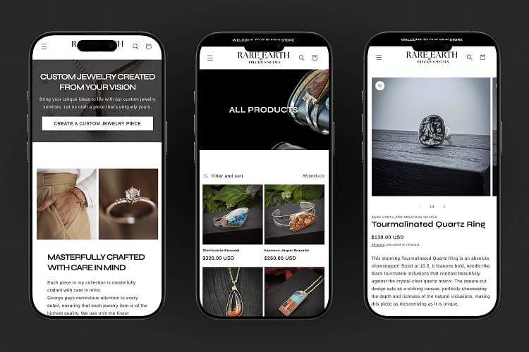 A jeweler's websites UI/UX elements on an iPhone.