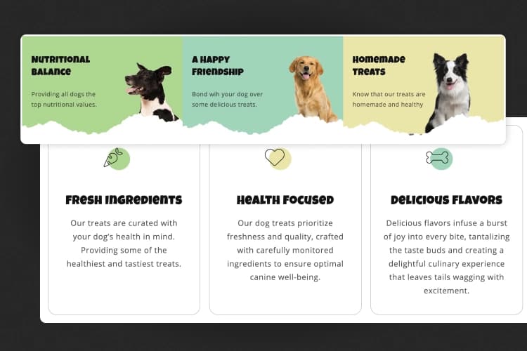 A pet food sellers website UI/UX elements stacked on top of each other.