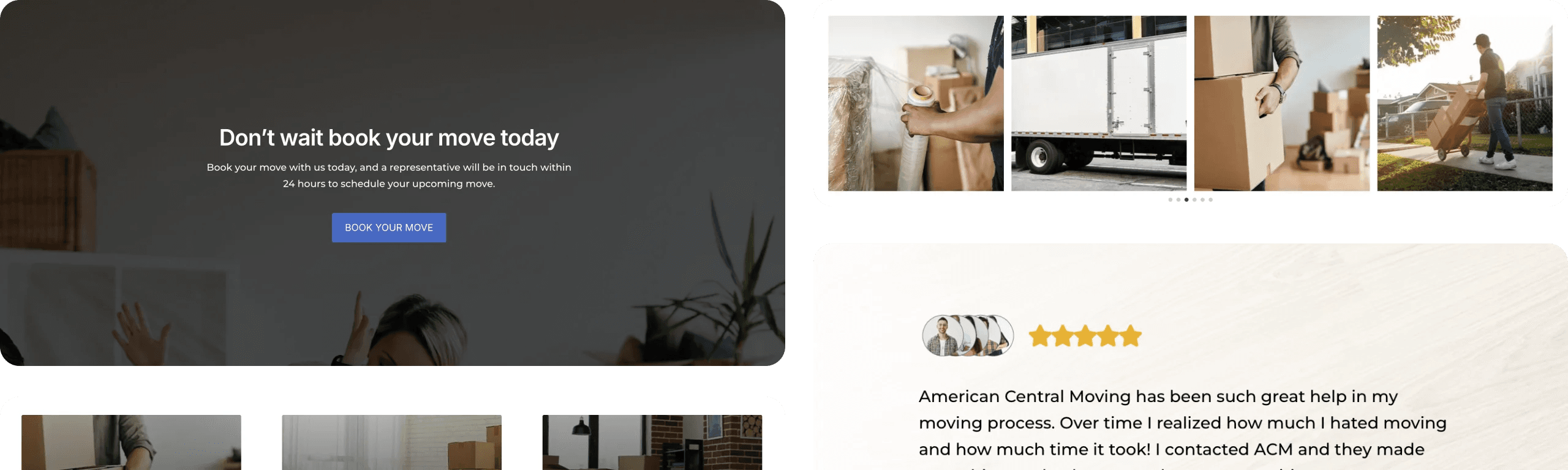 American Central Moving website design UI elements in a grid.