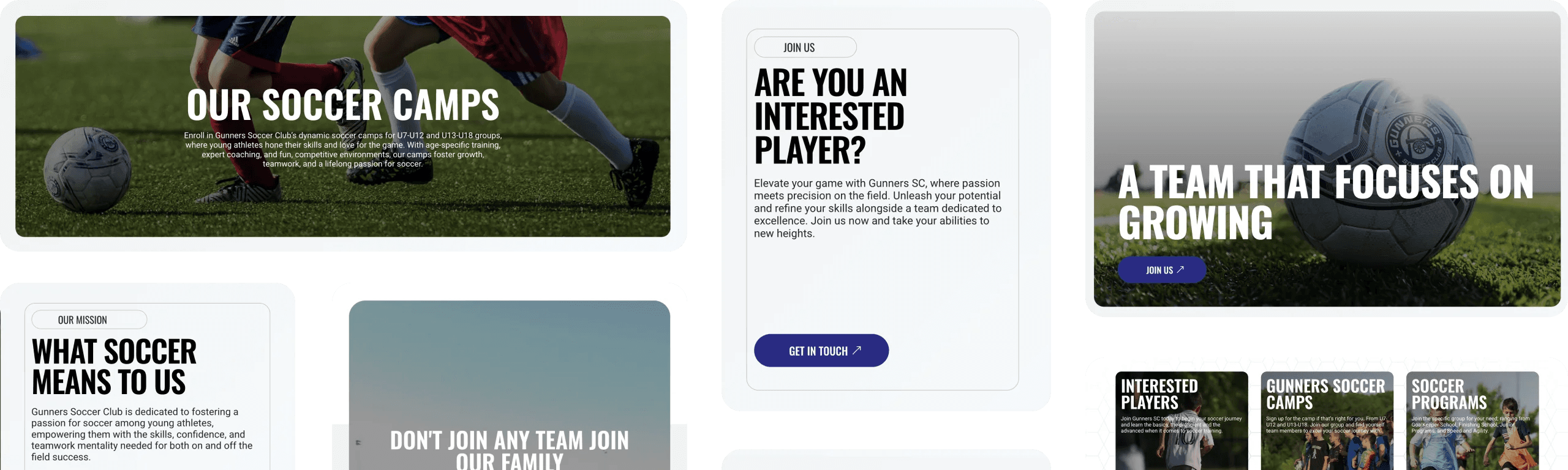 Gunners SC website redesign user interface elements and cards.