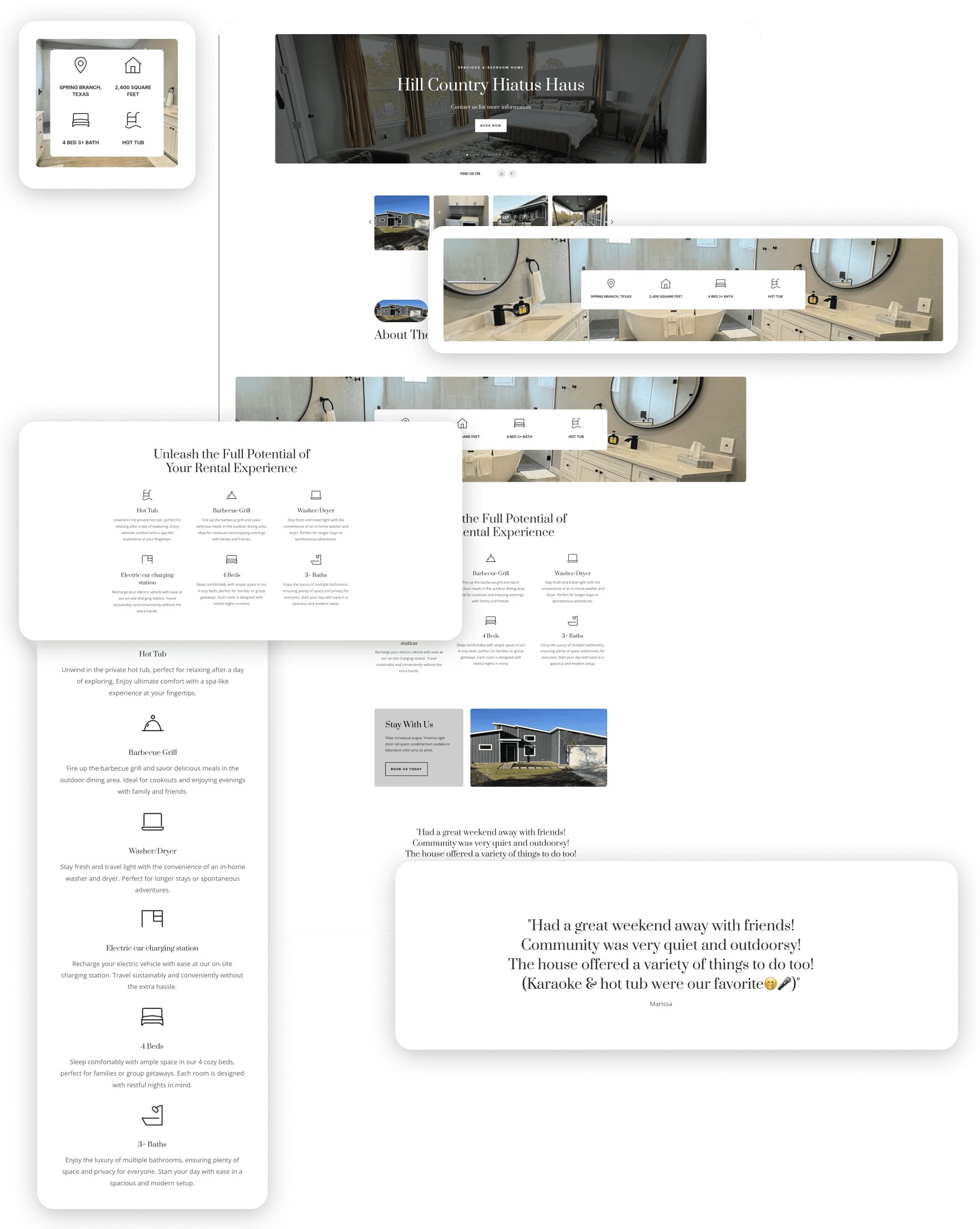 Hill Country Hiatus Haus website design UI elements.