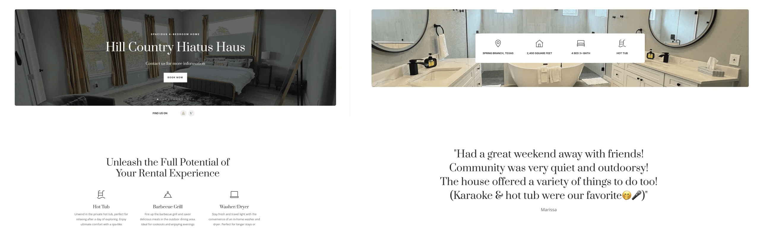 Hill Country Hiatus Haus website design UI elements.