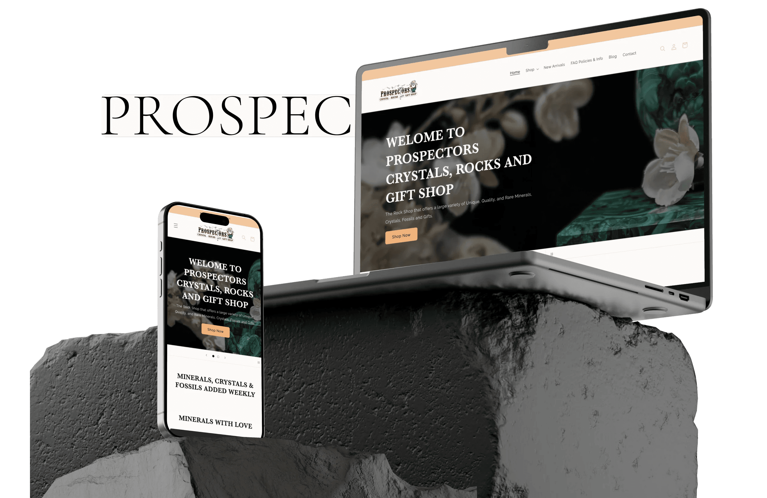 Prospectors Crystals, Rocks & Gift Shop website redesign on a laptop and iPhone mockup sitting on top of a stone block.