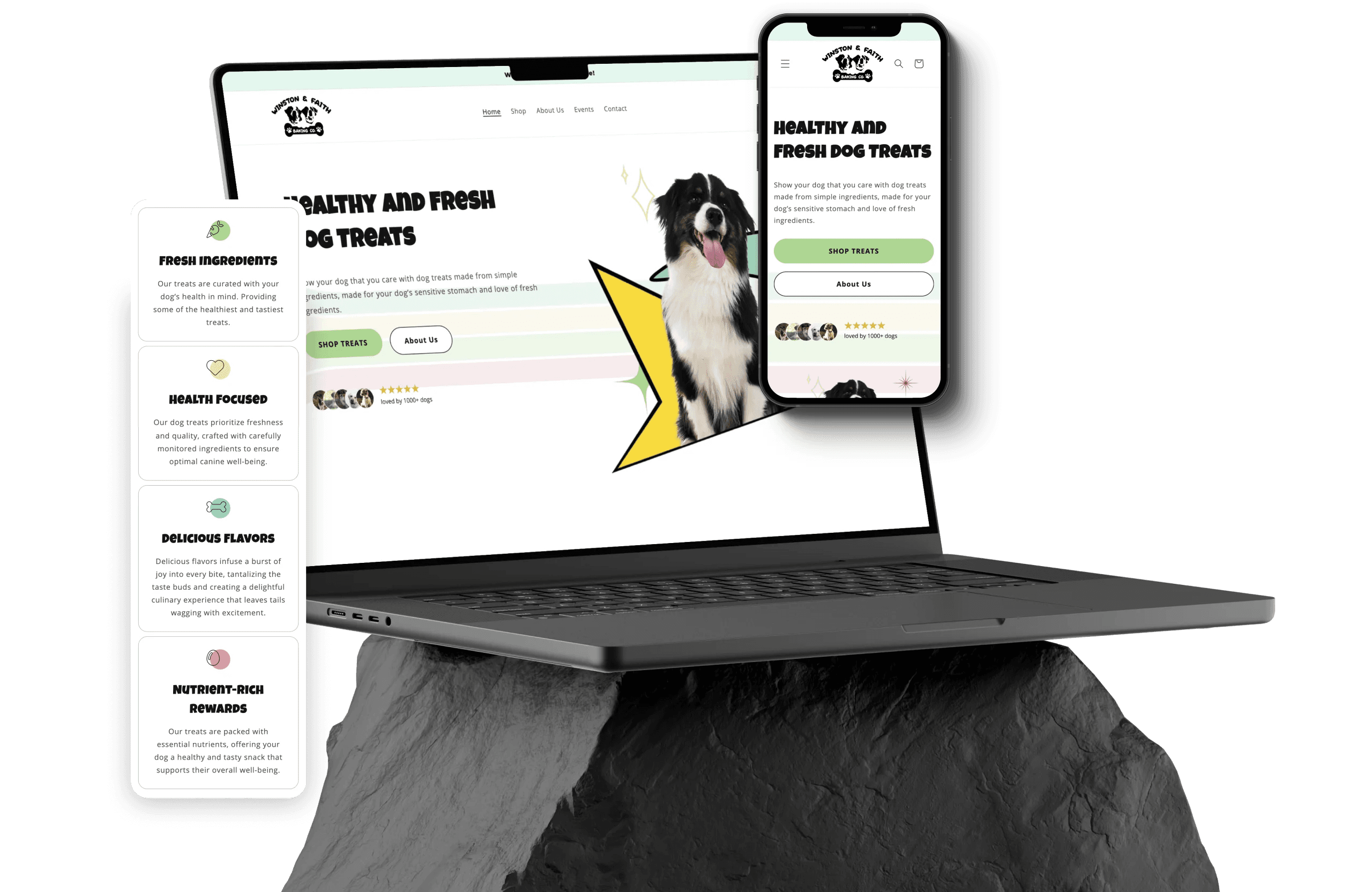 Winston & Faith Baking Co. website design elements on a phone and laptop sitting on a stone block.