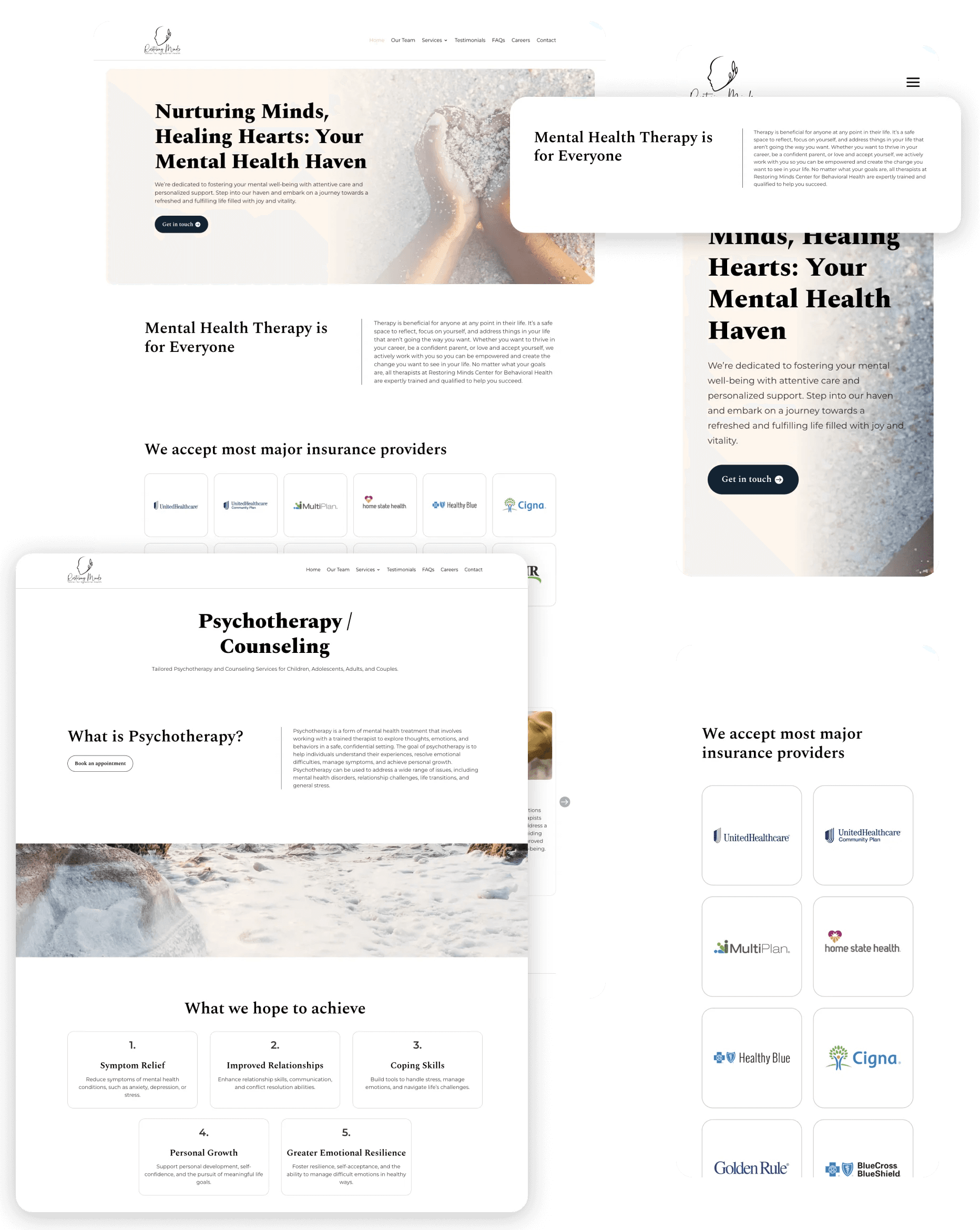 Restoring Minds Center for Behavioral Health website redesign UI elements
