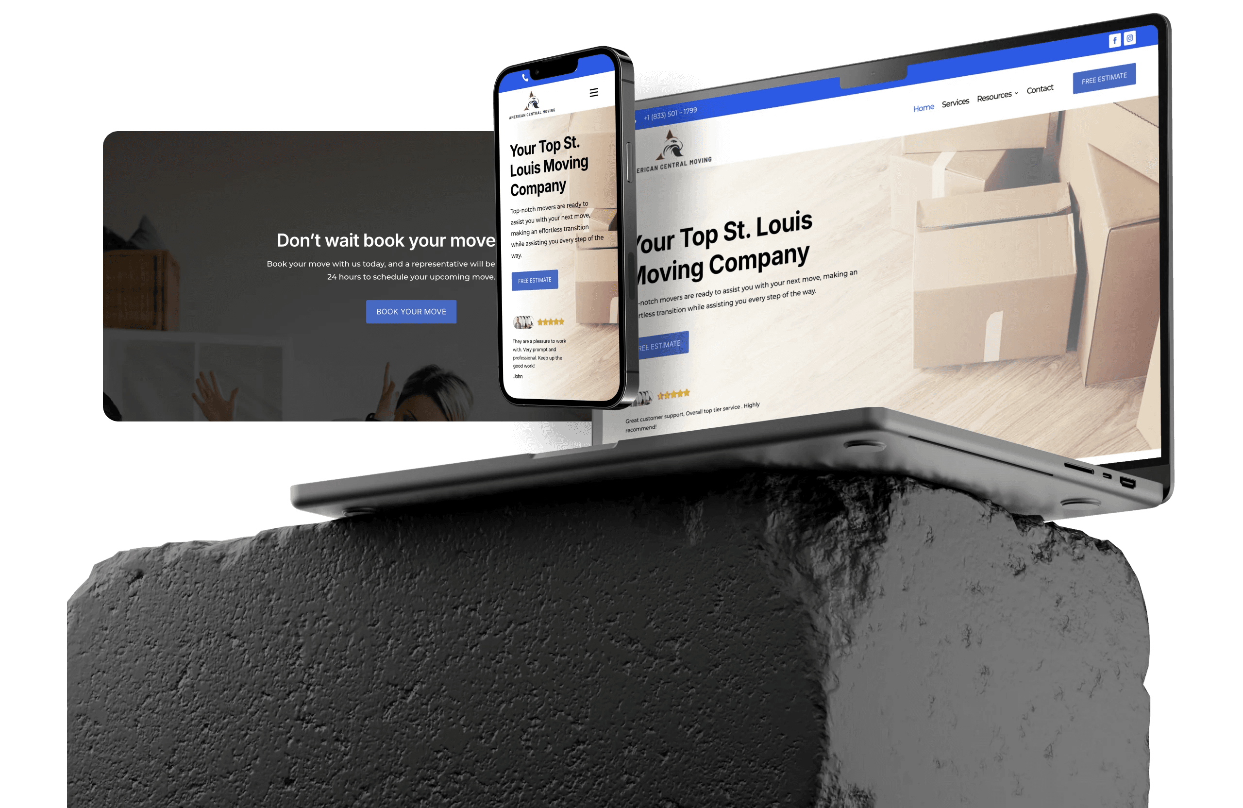 American Central Moving website on a laptop and iPhone sitting on a stone block.