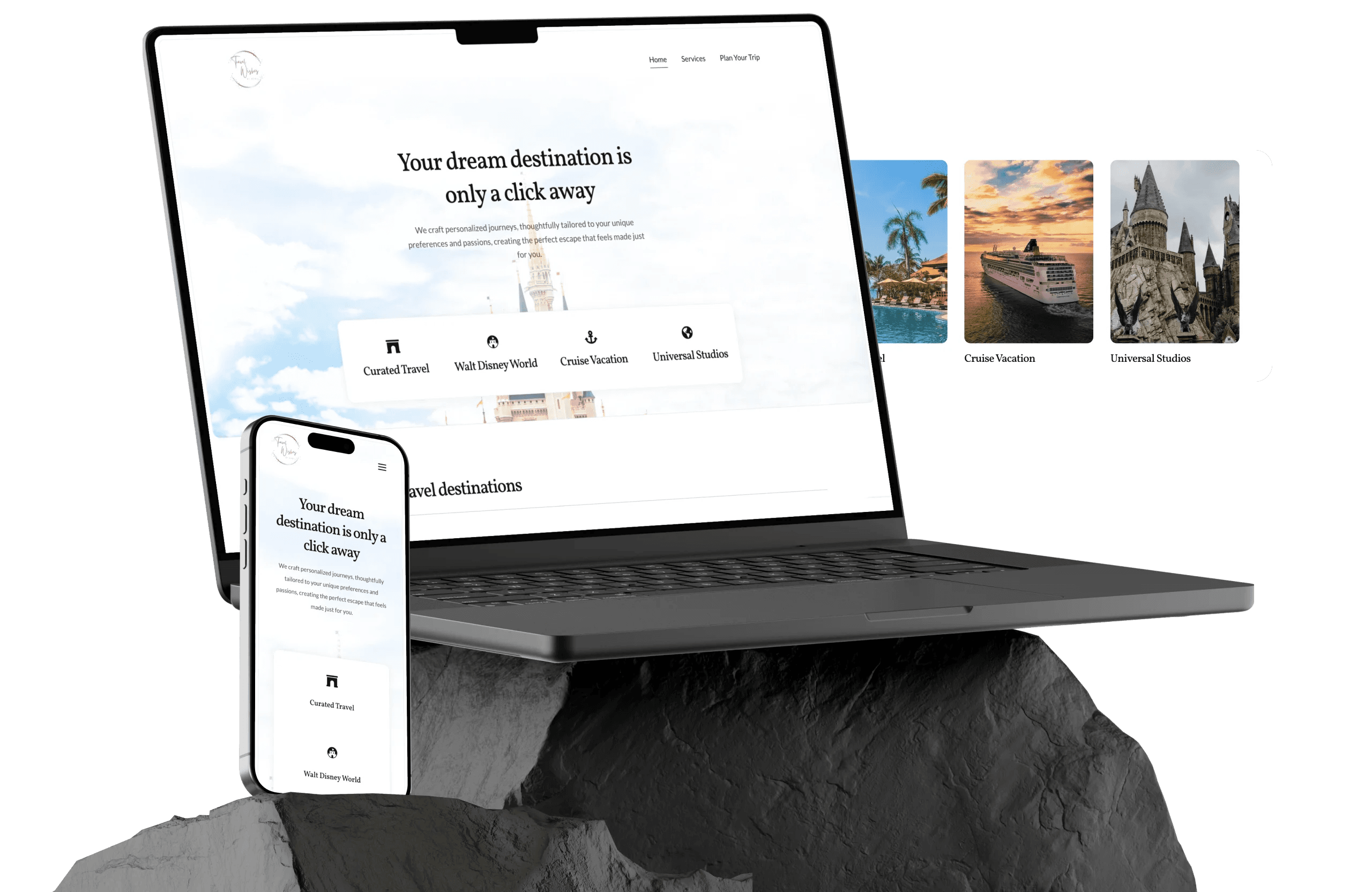 Travel Wishes By April website design elements on a laptop and mobile device sitting on a block of stone.