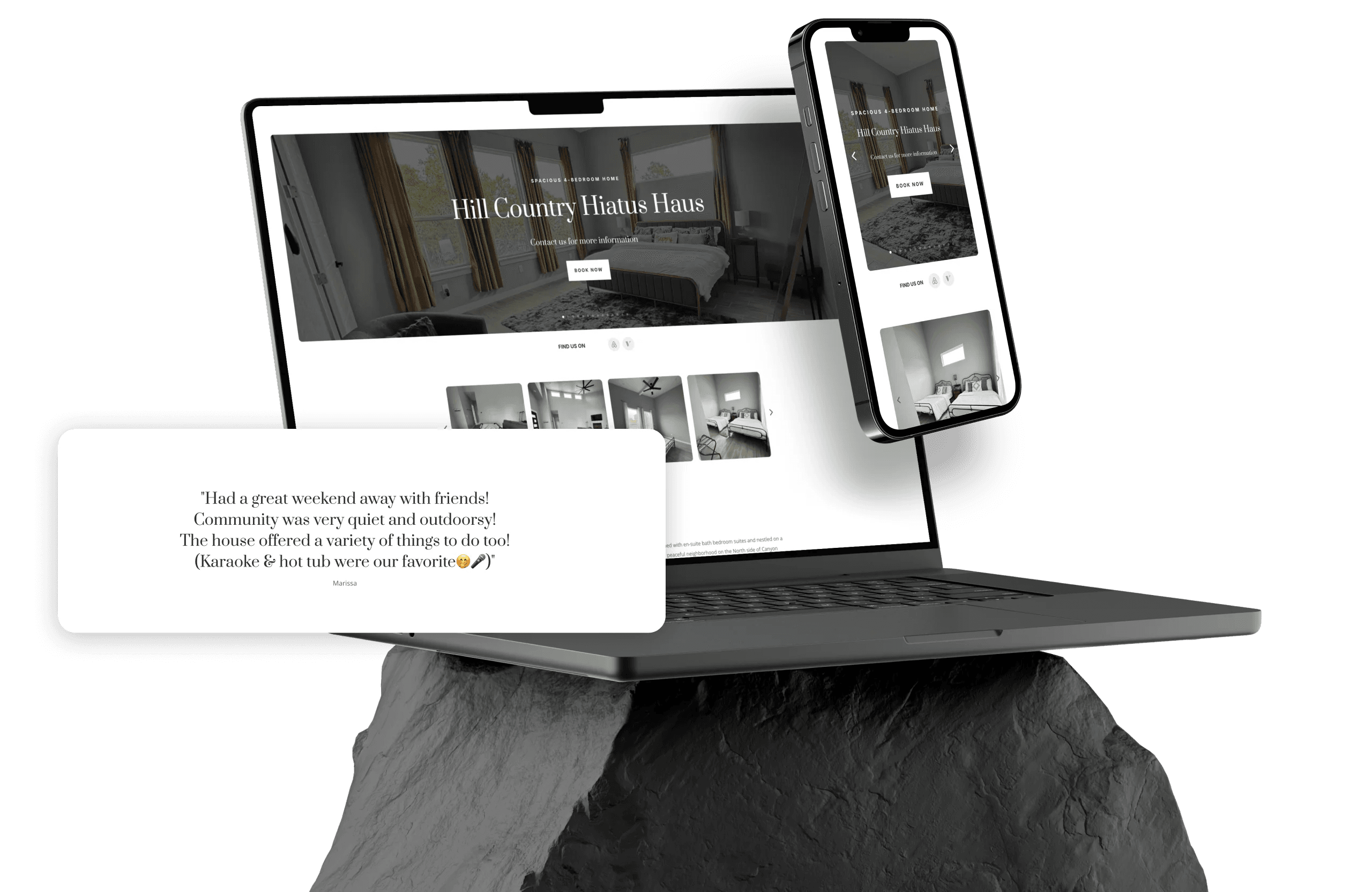 Hill Country Hiatus Haus website design UI elements on a laptop and mobile phone.