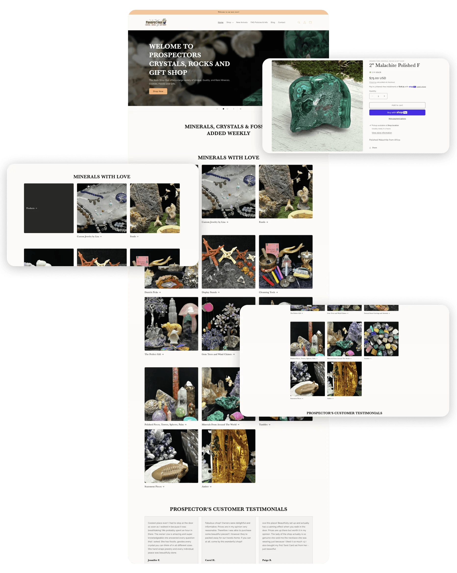 Prospectors Crystals, Rocks & Gift Shop website redesign UI/UX design elements stacked on top of each other.