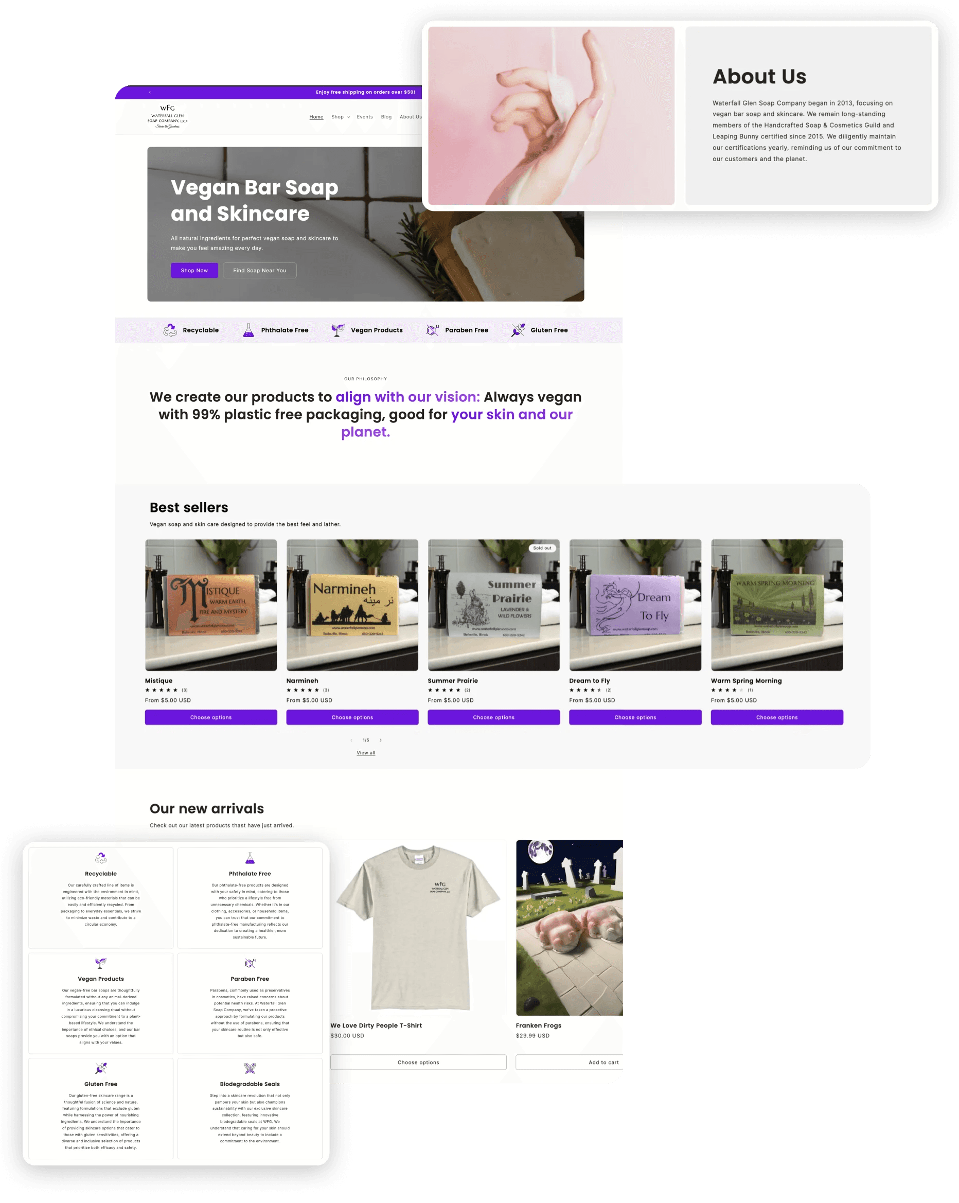 Waterfall glen soap company's UI elements of their website design.