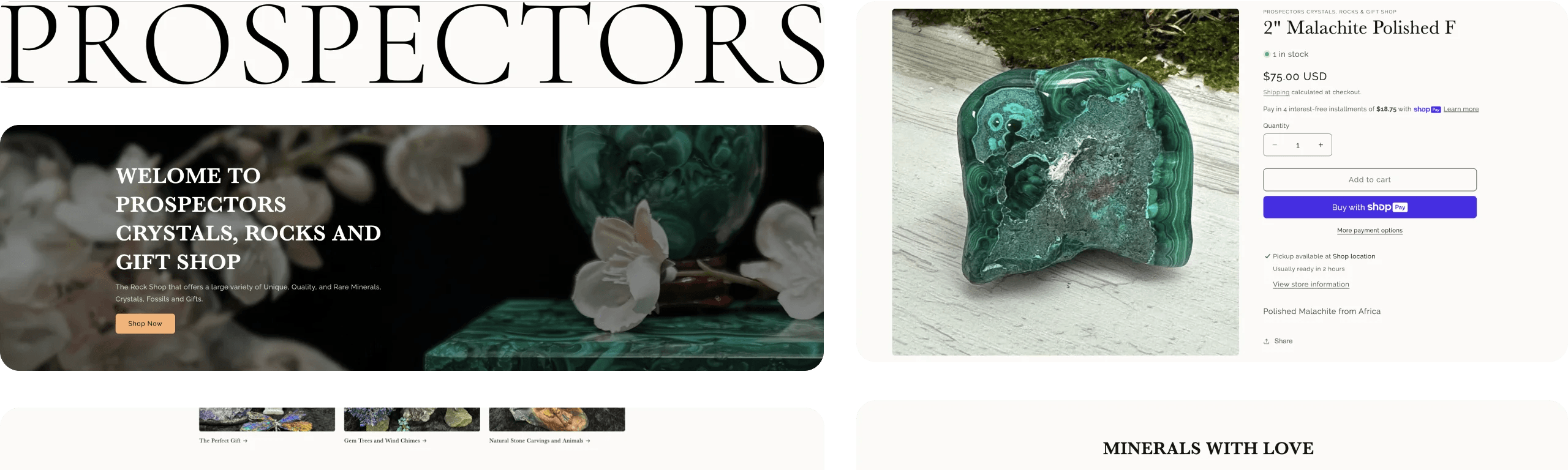 Prospectors Crystals, Rocks & Gift Shop website UI/UX design elements.