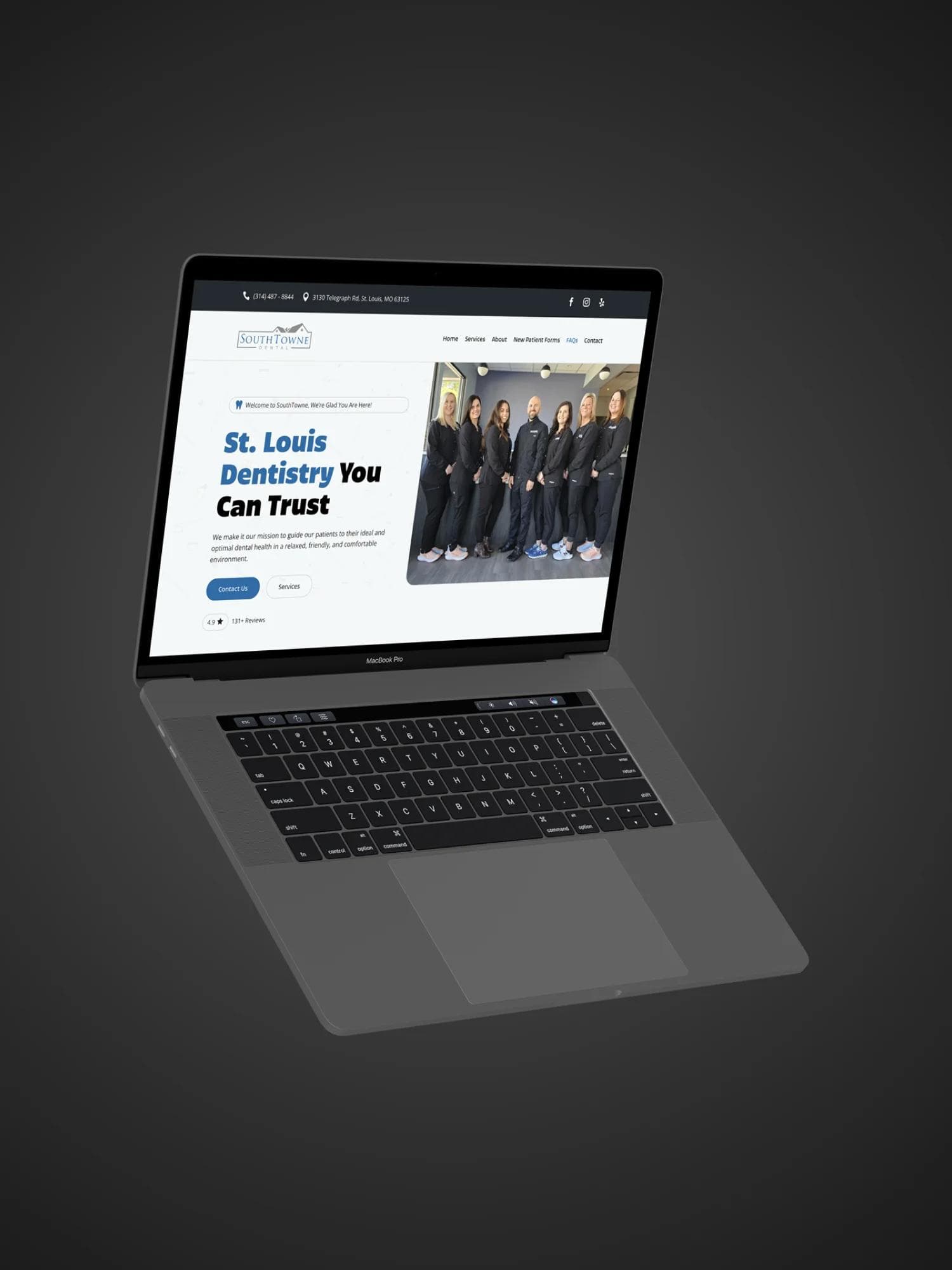 SouthTowne Dental website on a floating laptop