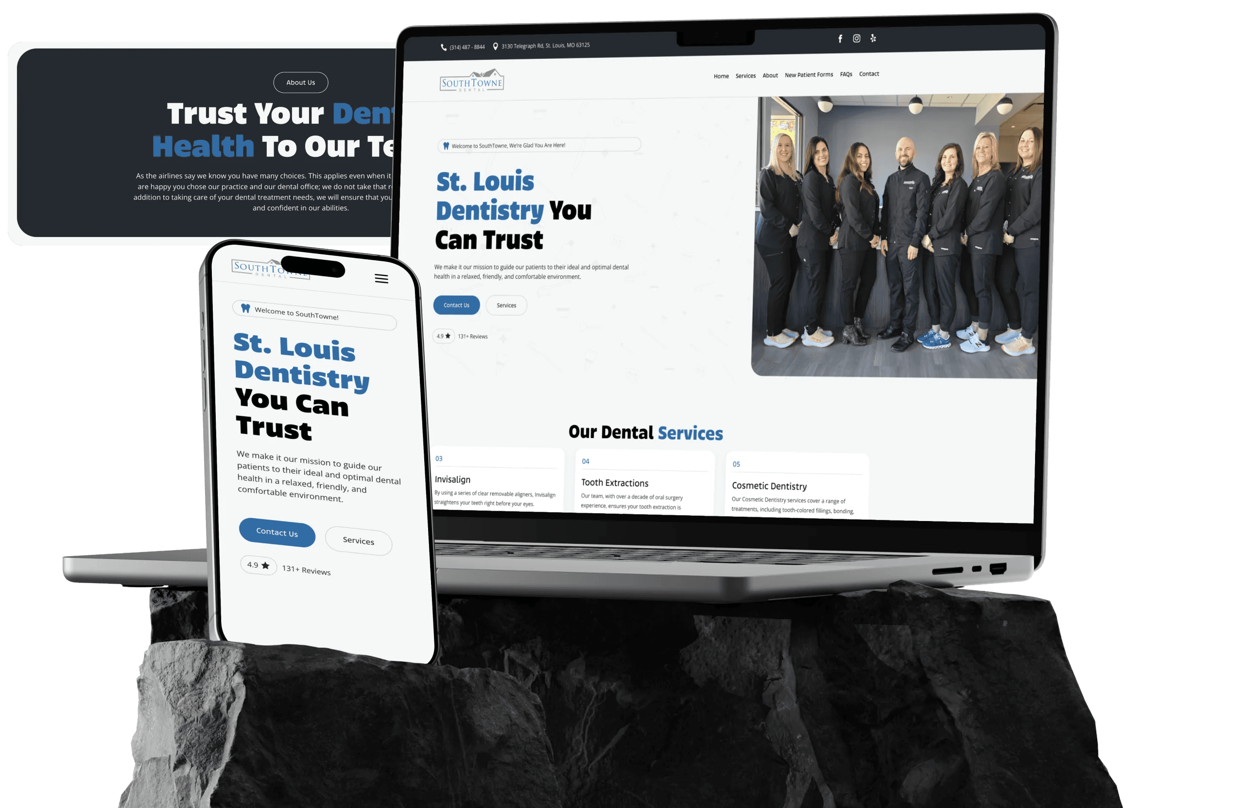 SouthTowne Dental website redesign elements on a laptop and mobile phone.