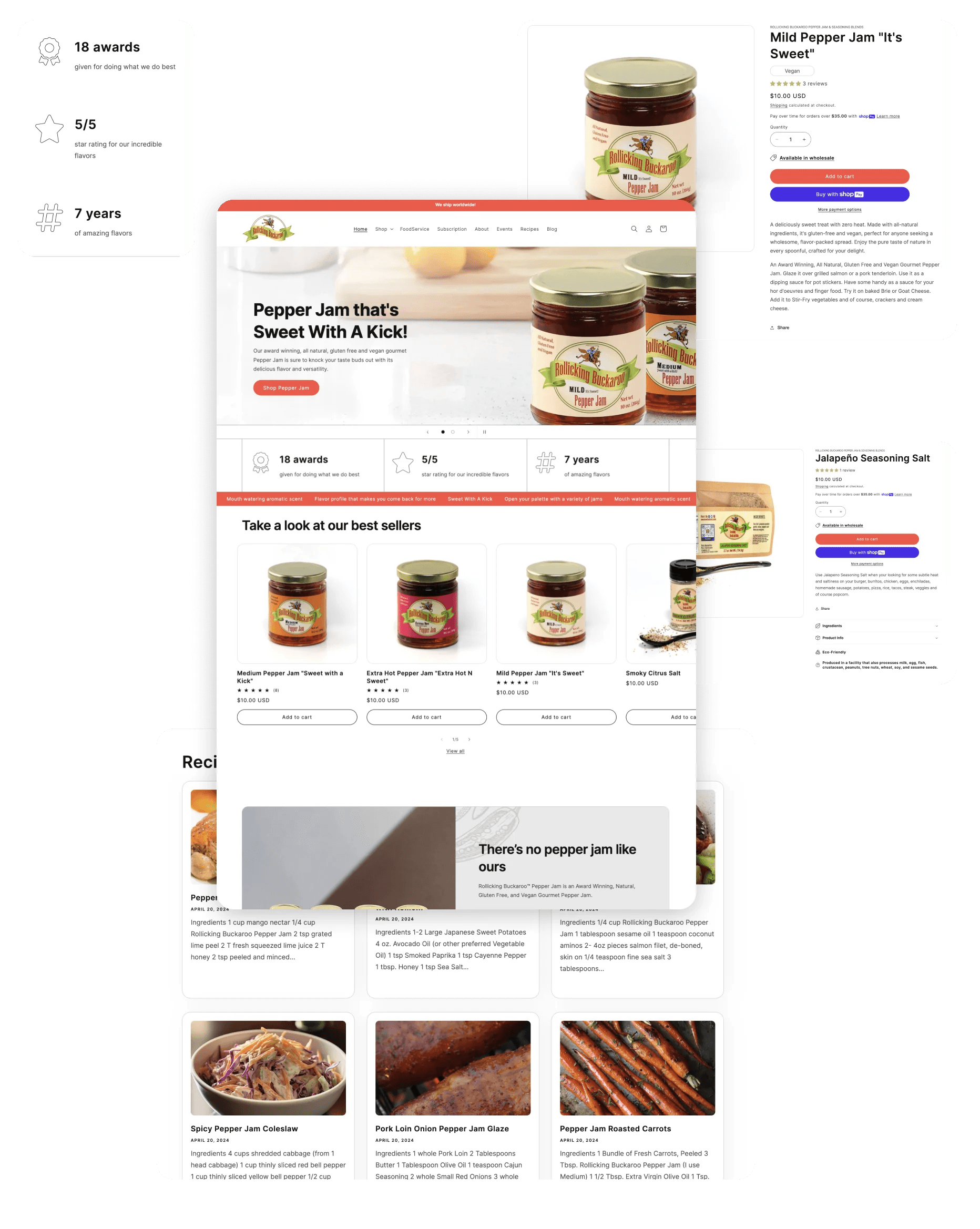 Rollicking Buckaroo Pepper Jam and Seasoning Blends UI/UX design elements for their ecommerce website redesign.