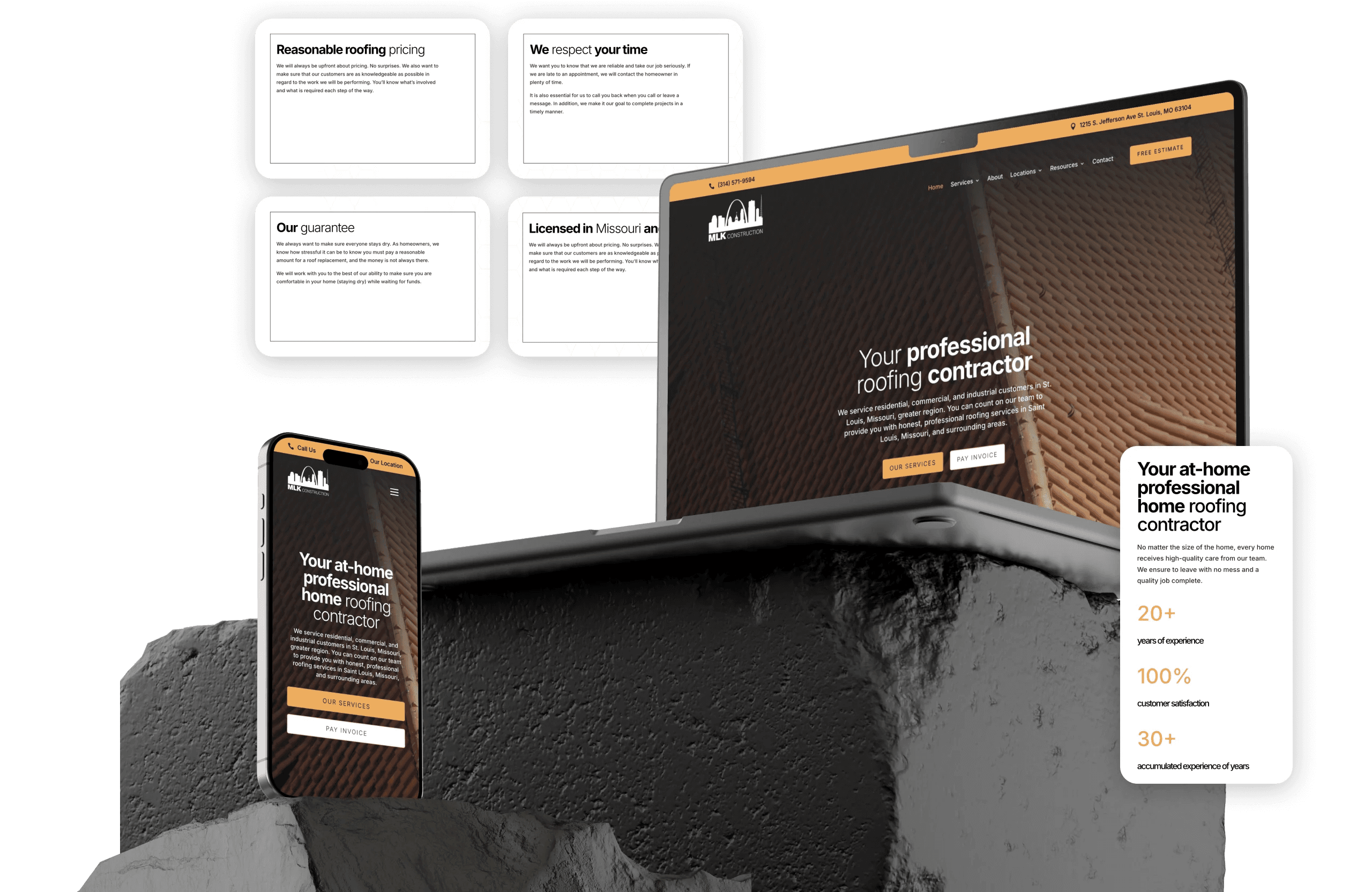 MLK Construction website redesign on a laptop and phone sitting on top of a stone block.