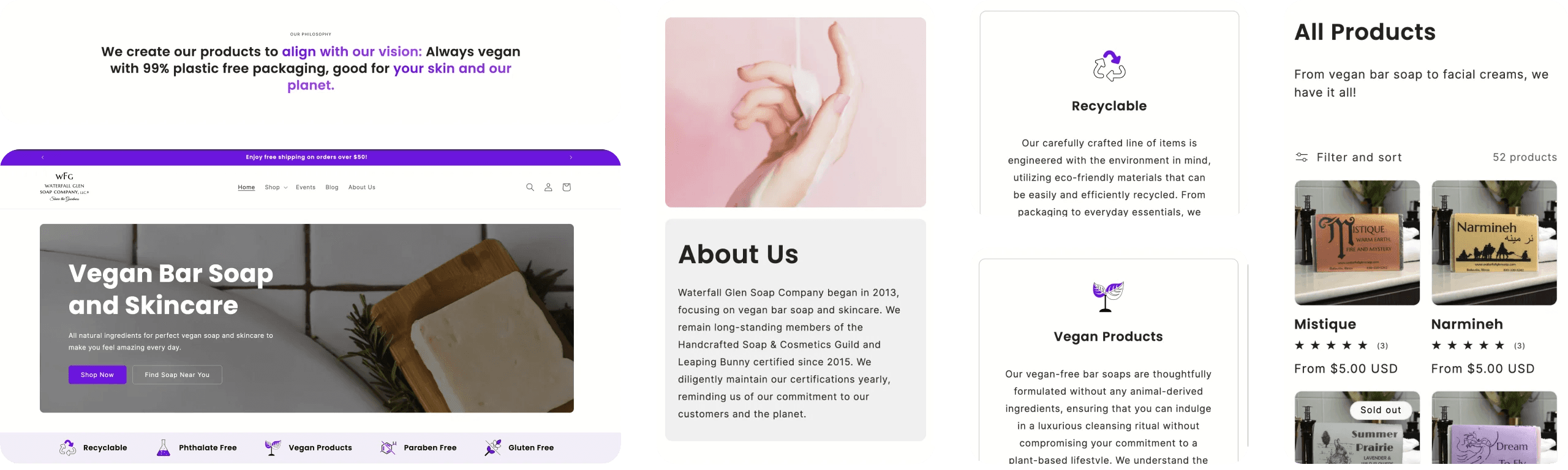 waterfall glen soap company bento grid of Ui elements on their website.