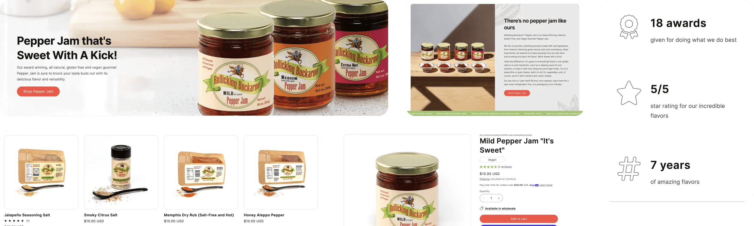 Rollicking Buckaroo Pepper Jam and Seasoning Blends bento grid of website design and UI/UX design elements.