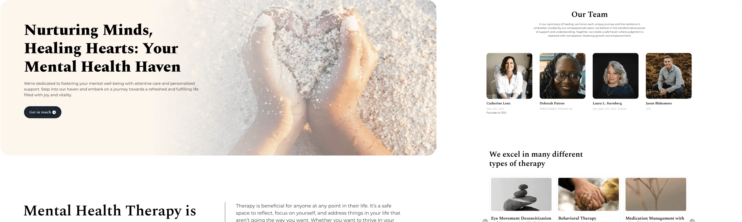 Restoring Minds Center for Behavioral Health website redesign UI elements.