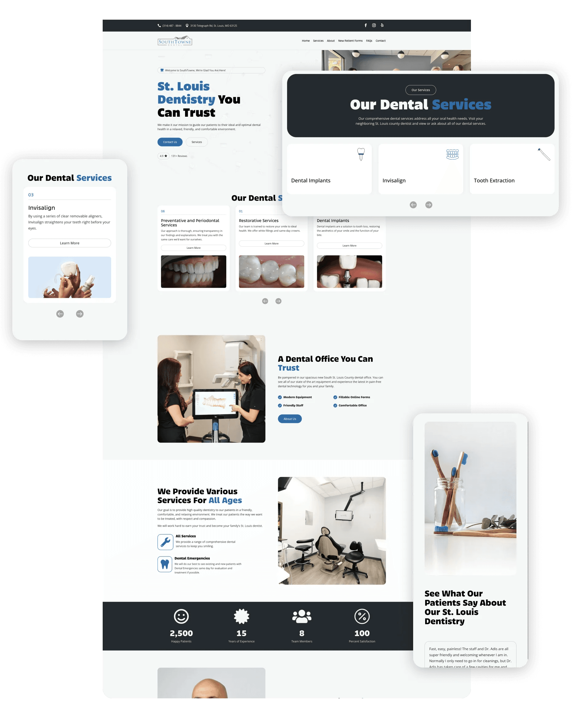 SouthTowne Dental website redesign UI elements.