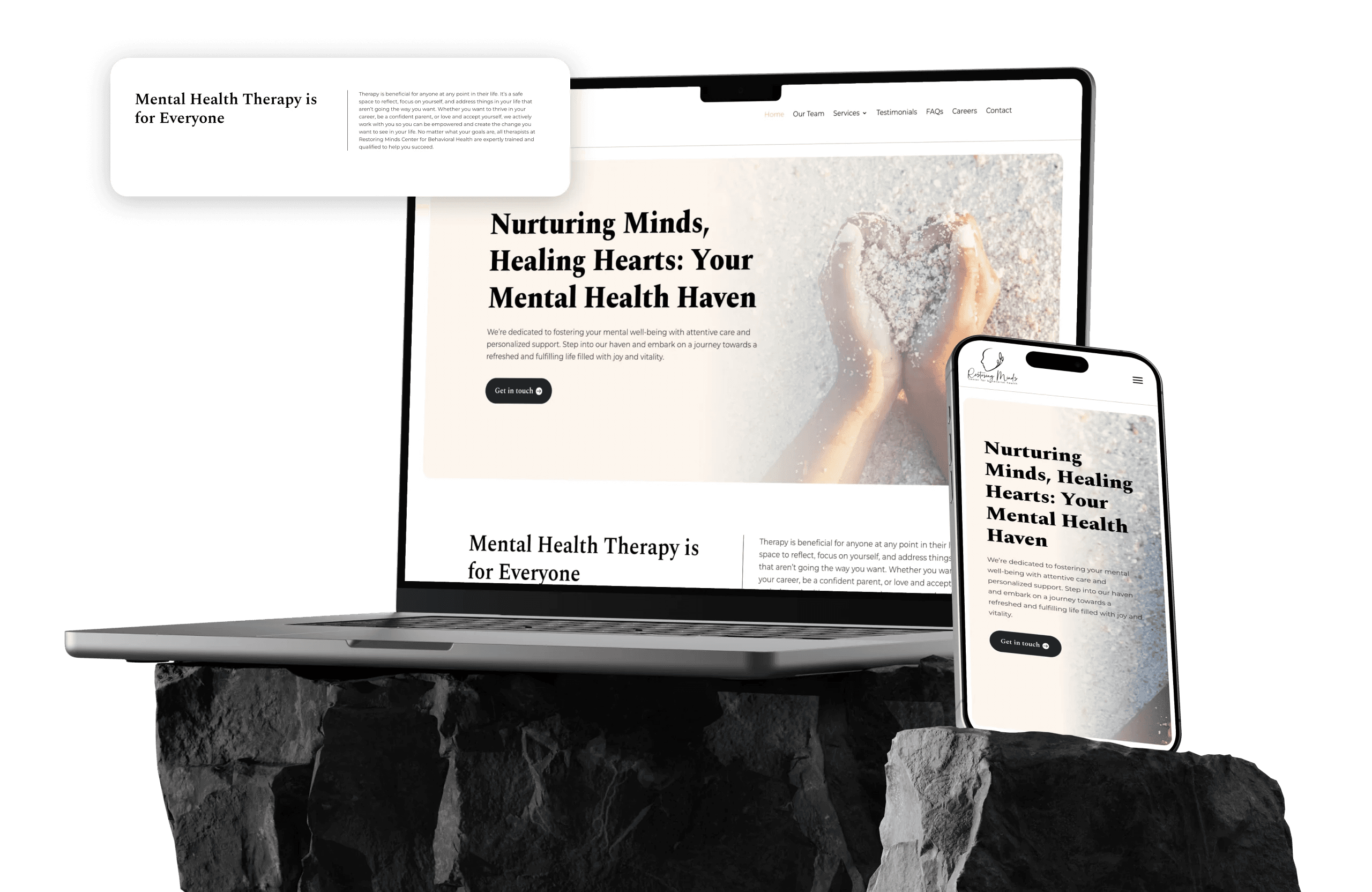 Restoring Minds Center for Behavioral Health website redesign on a phone and laptop sitting on top of a stone block.